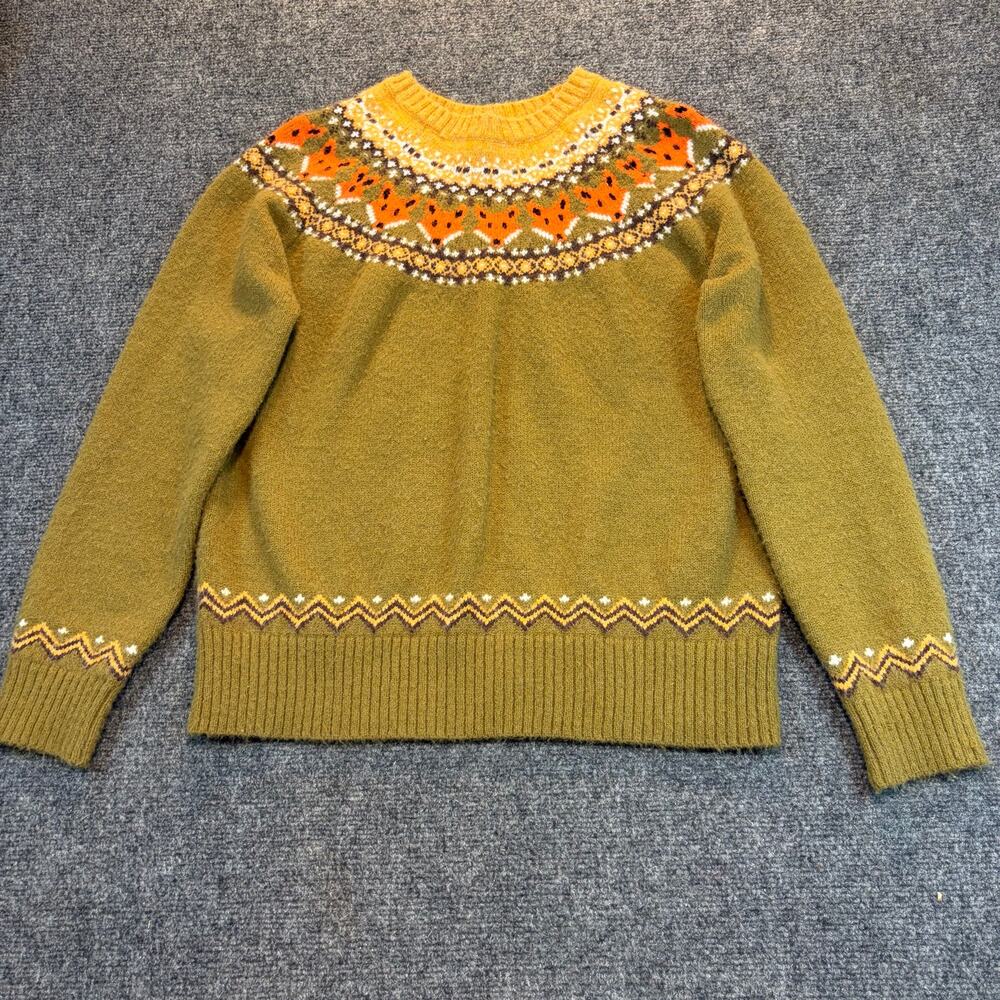 Fair Isle Highland Fox Soft Crewneck Sweater Green Yellow Orange Size Large